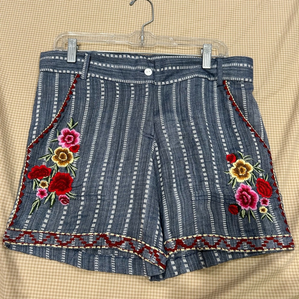 Avani  Blue Striped Shorts with Floral Embroidery